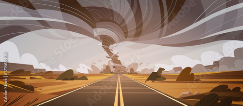 Twisting Tornado Over High Road Hurricane Landscape Of Storm Waterspout In Field Natural Disaster Concept Flat Vector Illustration
