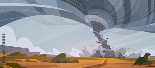 Tornado In Countryside Hurricane Landscape Of Storm Waterspout Twister In Field Natural Disaster Concept Flat Vector Illustration