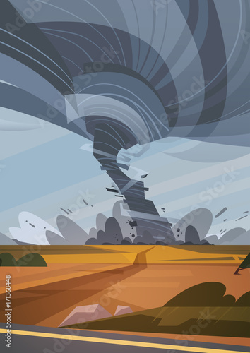 Tornado In Countryside Hurricane Landscape Of Storm Waterspout Twister In Field Natural Disaster Concept Flat Vector Illustration