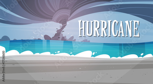 Tornado Incoming From Sea Hurricane In Ocean Beach Landscape Of Storm Waterspout Twister Natural Disaster Concept Flat Vector Illustration