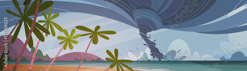 Tornado Incoming From Sea Hurricane In Ocean Beach Landscape Of Storm Waterspout Twister Natural Disaster Concept Flat Vector Illustration