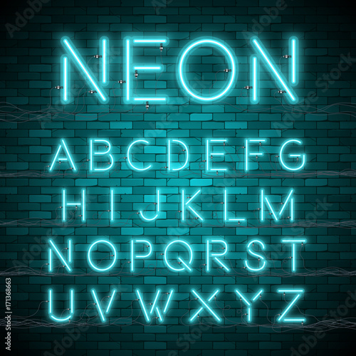 Realistic neon alphabet. Bright neon glowing font