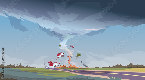 Tornado In Countryside Hurricane Landscape Of Storm Waterspout Twister In Field Natural Disaster Concept Flat Vector Illustration