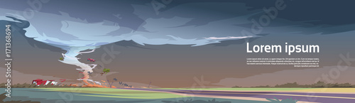 Tornado In Countryside Hurricane Landscape Of Storm Waterspout Twister In Field Natural Disaster Concept Flat Vector Illustration