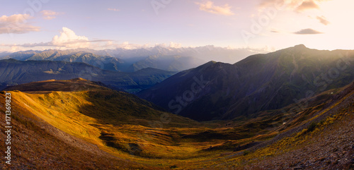 Mountain range landscape panoramic view at beautiful sunset, Svaneti, Georgia