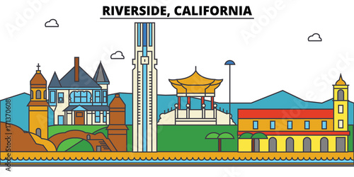 California, Riverside. City skyline: architecture, buildings, streets, silhouette, landscape, panorama, landmarks. Editable strokes. Flat design line vector illustration concept. Isolated icons