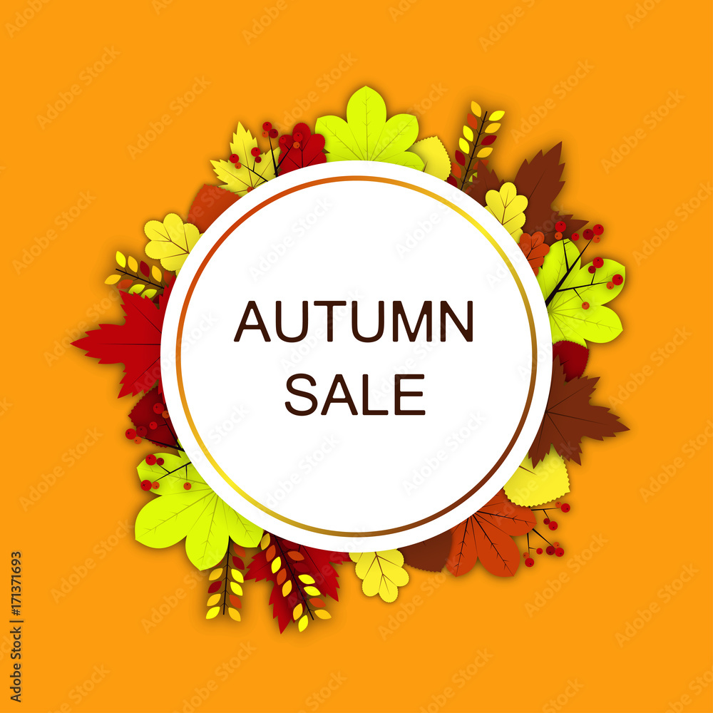 Autumn sale Vector illustration Trendy banner for web, stores, White round frame decorated with yellow, red and brown leaves of maple, chestnut, ash and other trees with the inscription Autumn sale