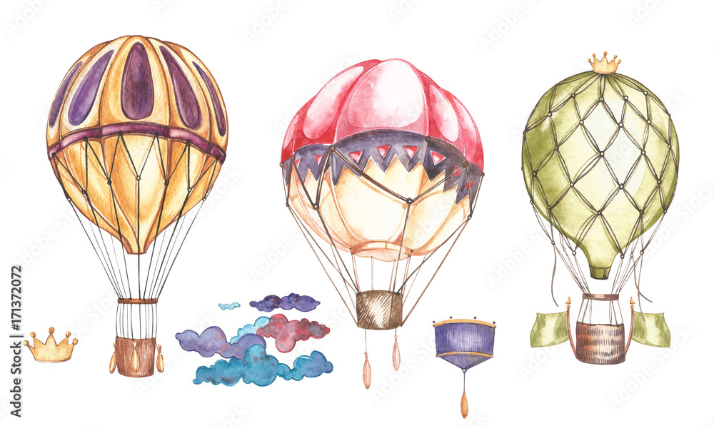 Naklejka premium Set of hot air balloons and blimps, watercolor illustration.