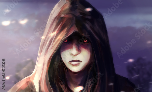 Obraz na plátne Illustration of a fantasy woman face in hood with glowing eyes and blue landscape background