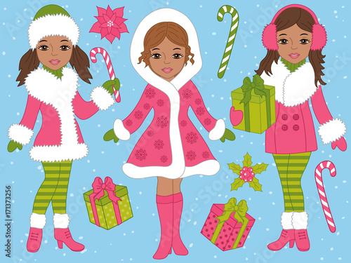 Vector Christmas Set with Beautiful African American Girls and Xmas Gifts