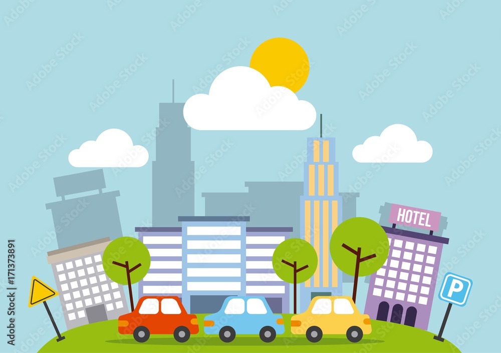 city buildings road urban street landscape vector illustration