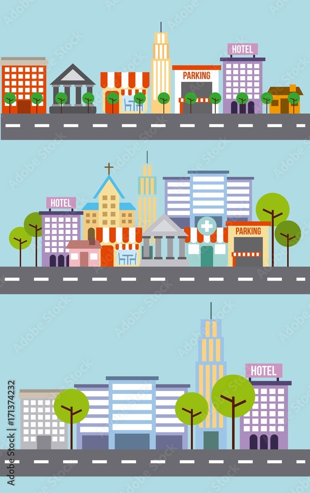 set of city building street tree architecture vector illustration