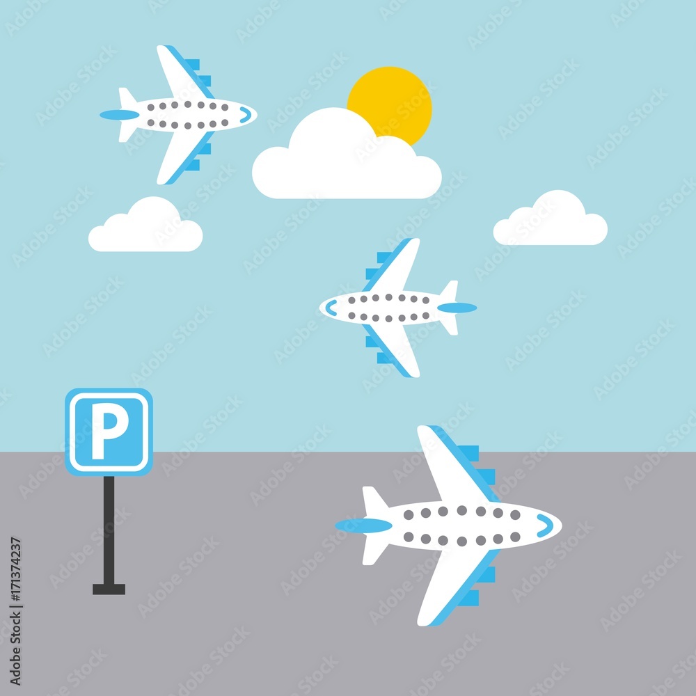 airport plane flying sky sun cloud parking sign vector illustration