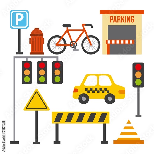 set of traffic transport sign taxi barrier light cone vector illustration