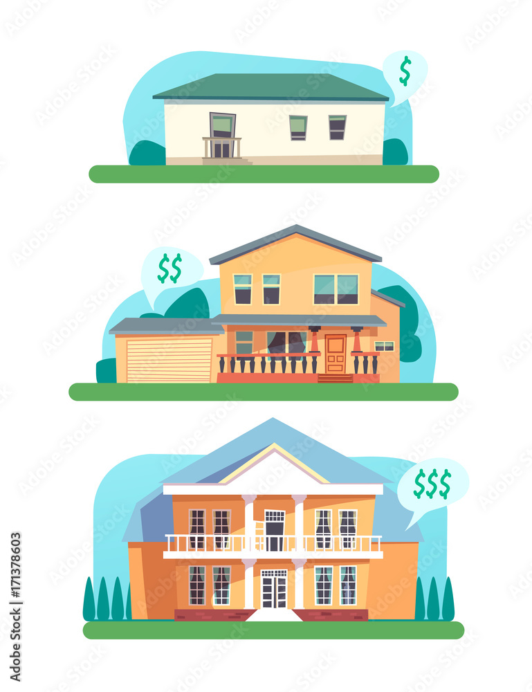 Concept of small, medium and large house for sale, rent. Selling homes. Vector cartoon illustration.