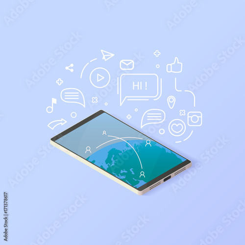 Isometric electron device social media concept. Vector flat 3d i