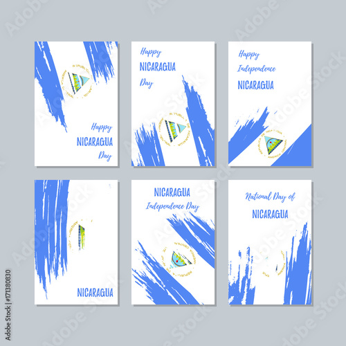 Nicaragua Patriotic Cards for National Day. Expressive Brush Stroke in National Flag Colors on white card background. Nicaragua Patriotic Vector Greeting Card.