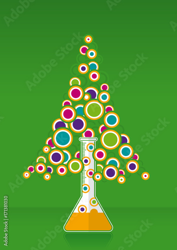Colorful bubbles coming out of a test tube in a boiling, forming a Christmas tree on a green background