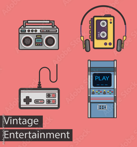 VIntage Entertainment Set. Flat Style Retro Vector Illustration with Arcade, Boombox, Cassette Player and Joystick.