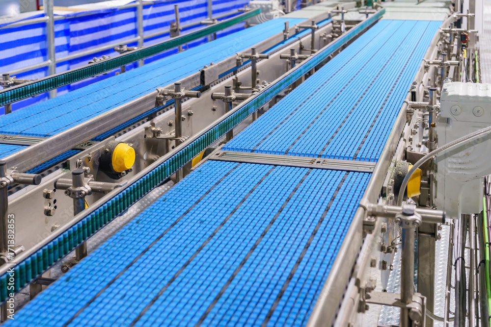 Empty conveyor belt of production line, part of industrial equipment