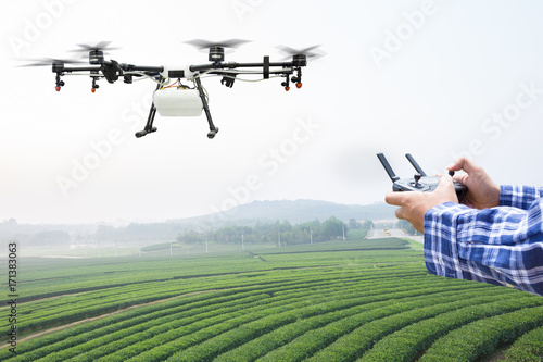 Farmer control agriculture drone fly to sprayed fertilizer on the green tea field photo