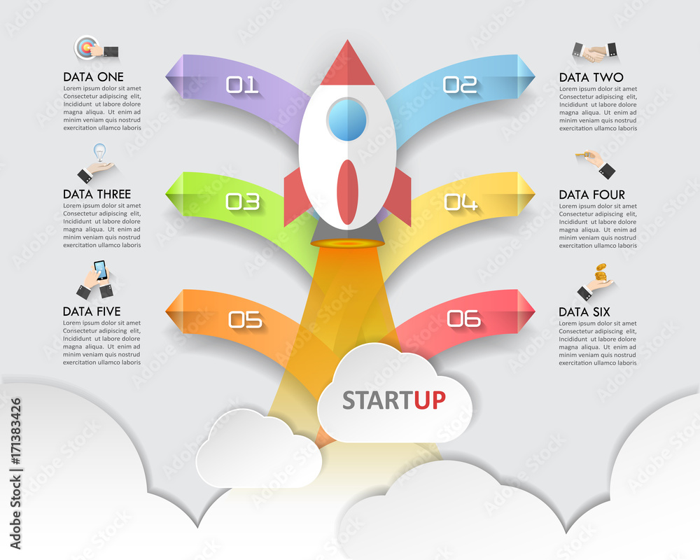 Design rocket startup 6 options business concept, infographic template ...