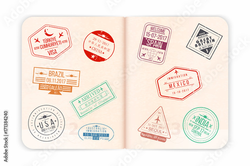Vector passport with visa stamps. Open passport pages with airport visa stamps and watermarks