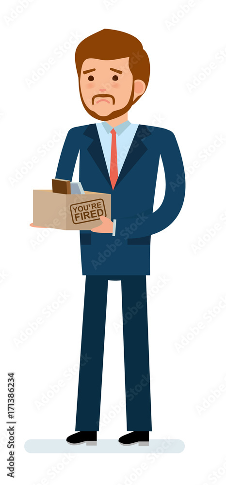 Obraz premium Ready to use character creation set. Getting fired. Businessman holding a box with his stuff. Business, office work, workplace. Flat design vector illustration.