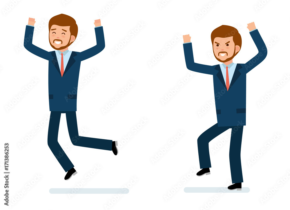 Ready to use character creation set. Businessman happy, businessman in anger. Isolated white background. Business, office work, workplace. Flat design vector illustration. Ready to use character creation set. Businessman happy, businessman in anger. Isolated white background. Business, office work, workplace. Flat design vector illustration.