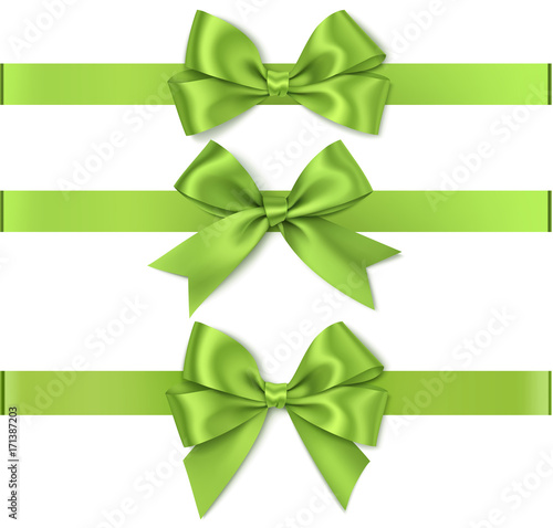 Vector set of decorative green bows with horizontal ribbon isolated on white
