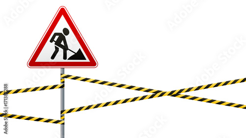Sign repair works and barrier tapes. Vector illustrations