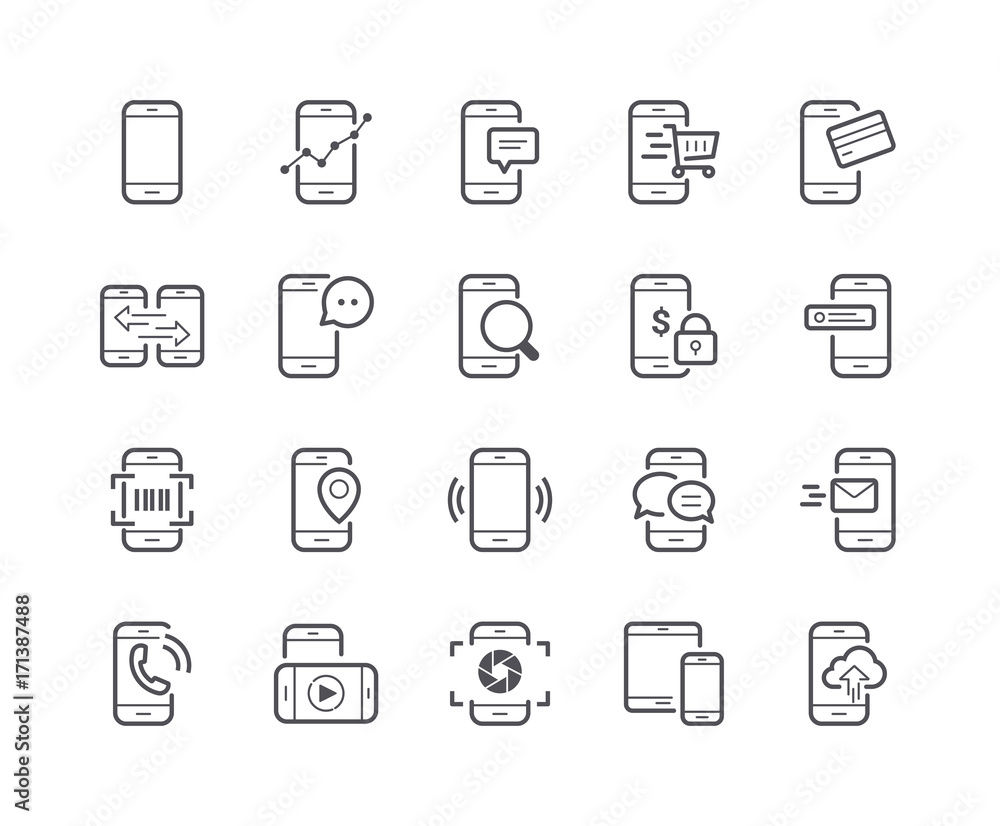 Minimal Set of Mobile Phone Line Icons