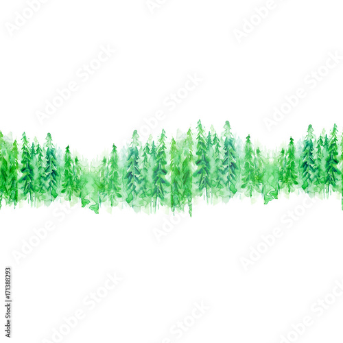 Seamless watercolor linear pattern, border. green spruce, pine, cedar, larch, abstract forest, silhouette of trees. On white isolated background.