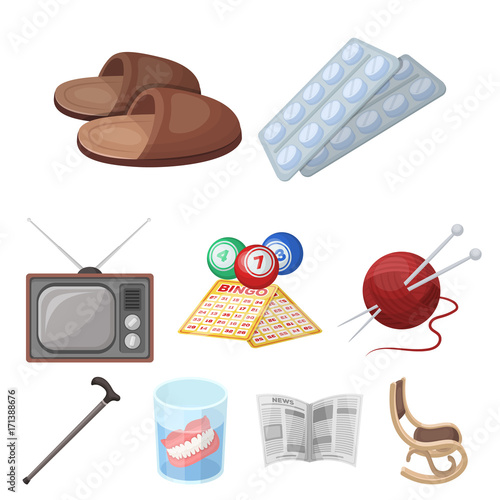 Armchair, slippers, tonometer and other attributes of old age.Old age set collection icons in cartoon style vector symbol stock illustration web.