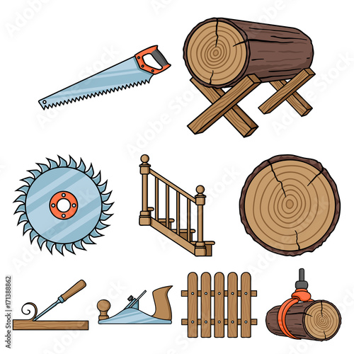 Sawmil and timber set icons in cartoon style. Big collection of sawmill and timber vector symbol stock illustration