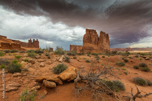 Dramatic cloudscape and storm sky in the Arches National Park, Utah, in summer