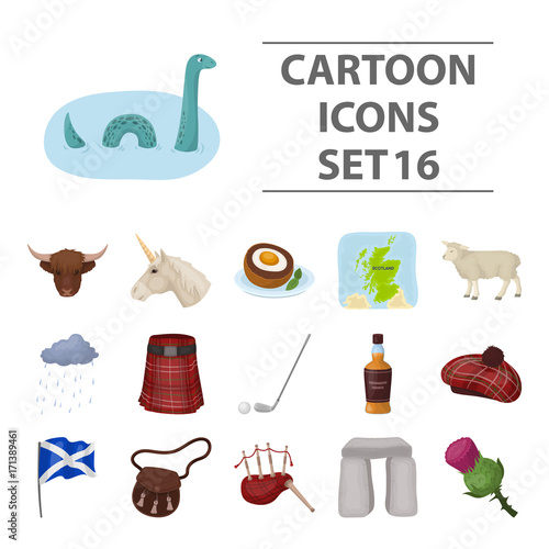 Scotland country set icons in cartoon style. Big collection of Scotland country vector symbol stock illustration