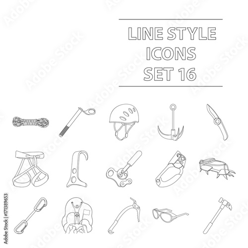 Ice ax, conquered top, mountains in the clouds and other equipment for mountaineering.Mountaineering set collection icons in outline style vector symbol stock illustration web.