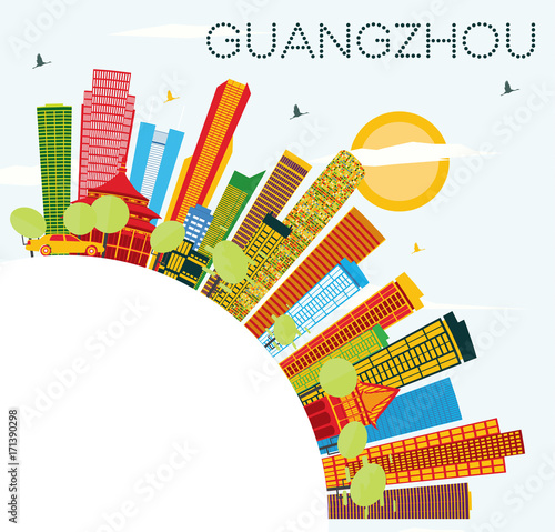Guangzhou Skyline with Color Buildings, Blue Sky and Copy Space.