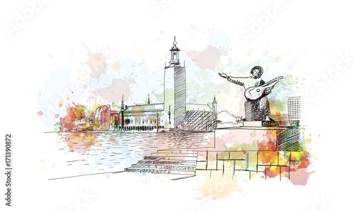 Watercolor sketch of Stockholm Sweden in vector illustration.