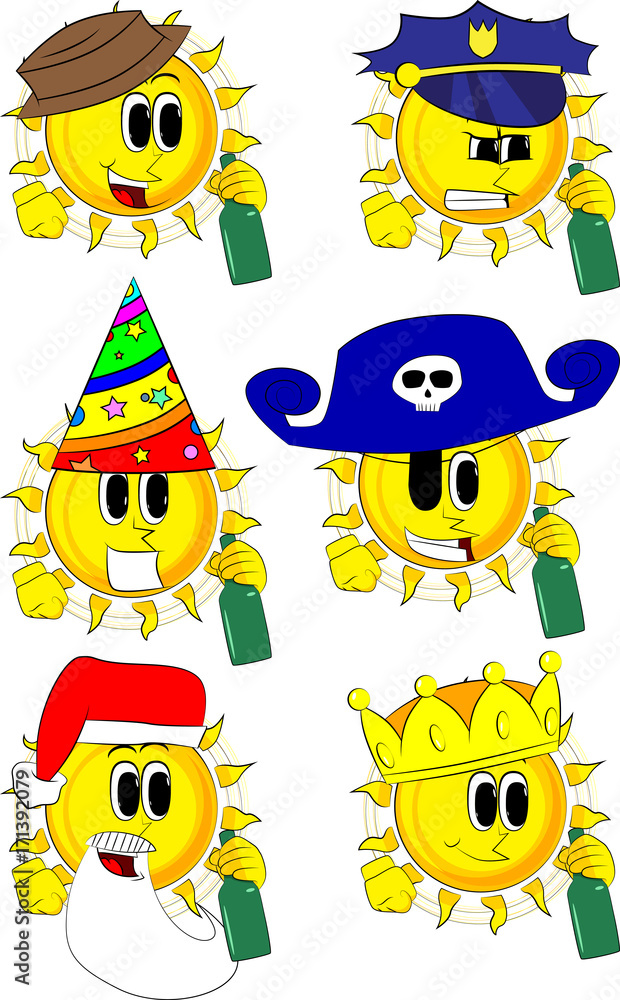 Cartoon sun holding a bottle. Collection with costume. Expressions vector set. Cartoon sun holding a bottle. Collection with costume. Expressions vector set.