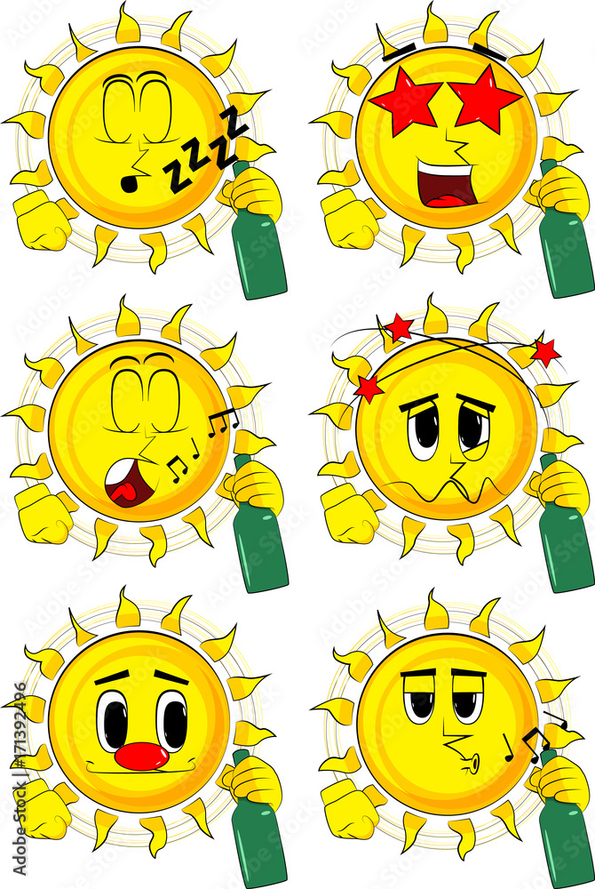 Cartoon sun holding a bottle. Collection with various facial expressions. Vector set.