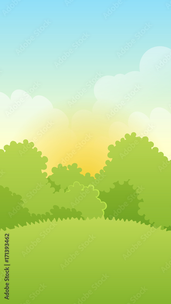 Obraz premium Vertical landscape illustration of forest, bushes and meadow for mobile app, web, game with clouds and yellow sunrise sky. Vector background template for poster, banner or advertising brochure.