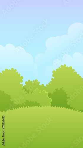 Vertical landscape illustration of forest  bushes and meadow for mobile app  web  game with clouds and blue sky. Vector background template for poster  banner or advertising brochure.