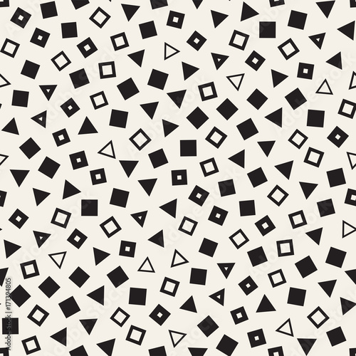 Seamless primitive jumble minimalism patterns. Randomly scattered geometric shapes. Abstract background design