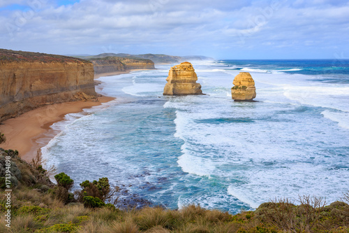 Very Big rock in the sea, Aerial view of Twelve Apostles rock formations and orange cliffs on the Great Ocean Road in the Port Campbell National Park Victoria, Australia. 