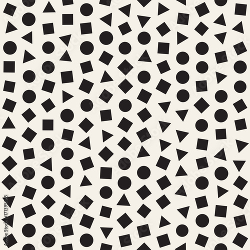 Seamless primitive jumble minimalism patterns. Randomly scattered geometric shapes. Abstract background design