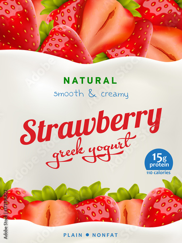 Natural Yogurt ads or packaging design. Illustration of zero fat healthy dairy product with sliced strawberry and flavor