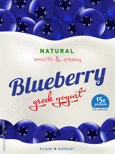 Natural Yogurt ads or packaging design. Illustration of zero fat healthy dairy product with blueberry berries and flavor