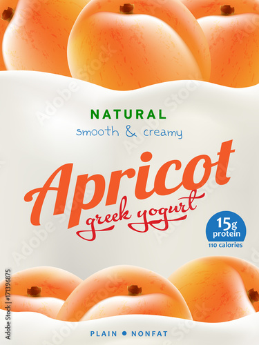 Natural Yogurt ads or packaging design. Illustration of zero fat healthy dairy product with apricot pieces and flavor
